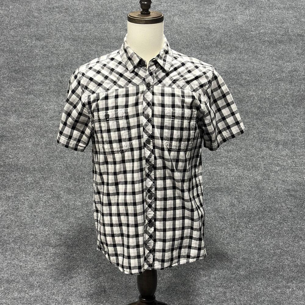 Roebuck & Co Shirt Mens Medium Black White Gingham Plaid Short Sleeve Cotton